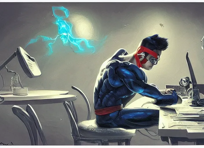 Image similar to an insanely detailed painting of an asian man wearing a homemade superhero costume, sitting at a desk, staring seriously at the computer and typing, in the style of peter mohrbacher, james jean, artgerm, dramatic lighting and composition, surreal background, octane render, pixar, trending on artstation, concept art, comic book, view from behind, 8 k