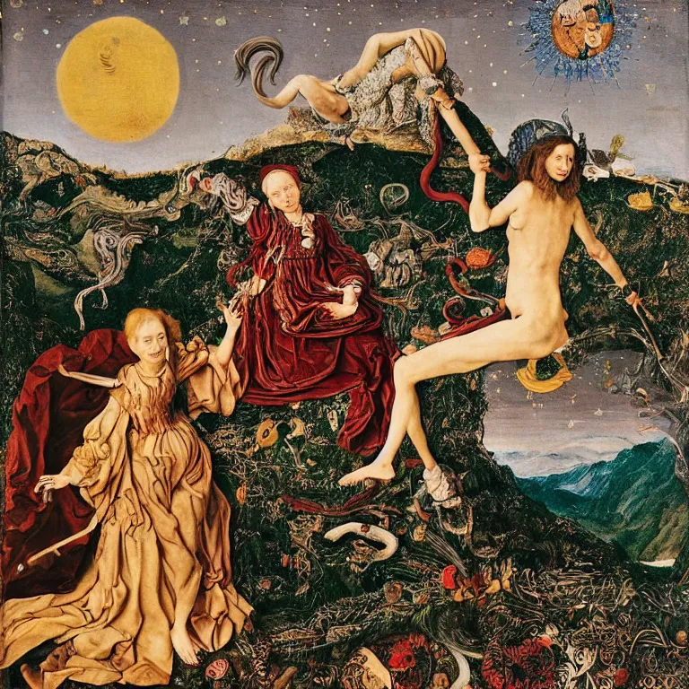 Prompt: a wide mountainous river valley with venus with snake skin and feathers holding up the sky while the stars look like flowers by jan van eyck, character, full body, max ernst, hans holbein, portrait, fashion editorial