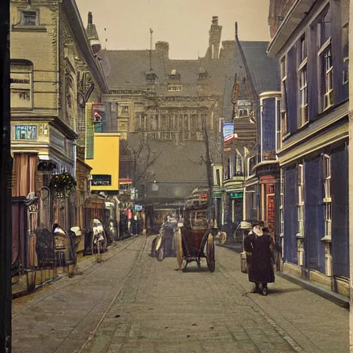 Image similar to Photograph of a busy victorian street in a town. Detailed, well lit. Colour.