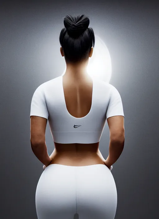 Prompt: kim kardashian, centered full body rear-shot, pov from rear, in white sportswear, real photo, photoshooting, studio light, dublin city ireland background, intricate, epic lighting, cinematic composition, hyper realistic, 8k resolution, unreal engine 5
