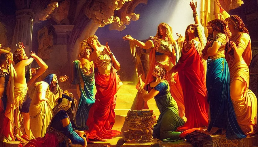 Prompt: mighty aphrodite bestowing her blessing upon her devoted priestesses, atmospheric, dramatic lighting, vivid color, striking detail, high resolution