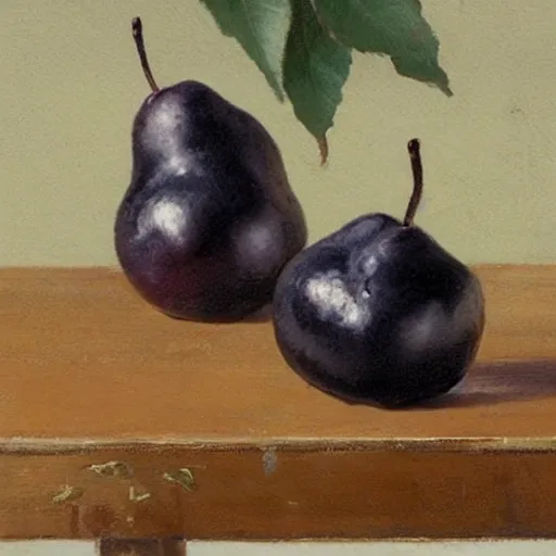 Image similar to table with black colored pears, #black pear fruit, ?black pears, !black pears, •black pears painted by rossdraws, greg rutkowski, thomas kindkade