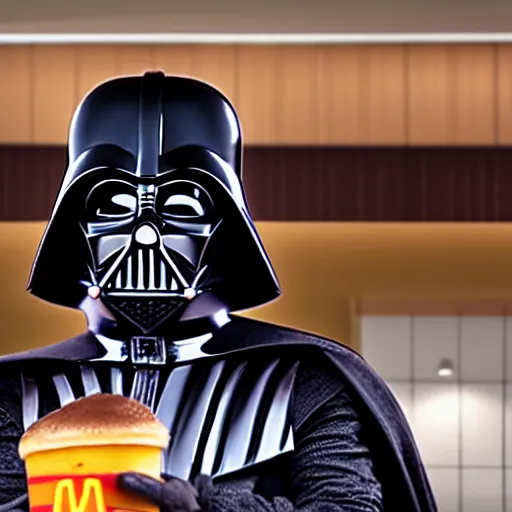 Prompt: A still of Darth Vader at McDonalds, 4k, photograph, ultra realistic, highly detailed, professional lighting