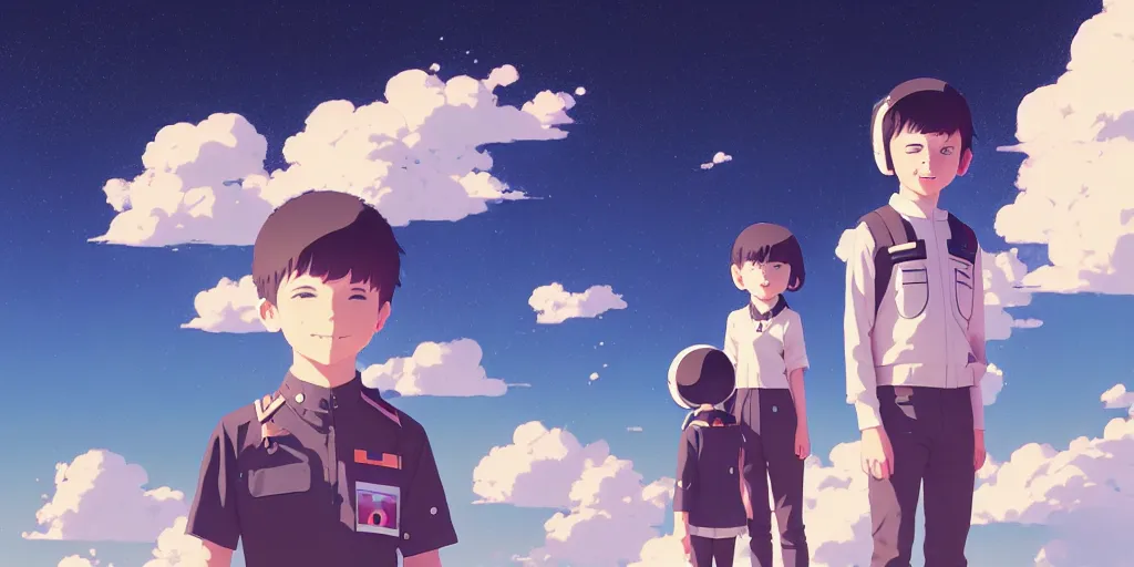 Image similar to 3 d portrait of smiling boy and girl teens with astronaut helmets by ilya kuvshinov, cloudy sky background lush landscape ln illustration concept art anime key visual trending pixiv by victo ngai fanbox by greg rutkowski makoto shinkai takashi takeuchi studio ghibli