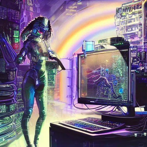 Image similar to cyberpunk goth humanoid cat cyborg working on cyberpunk computer in cyberpunk farmers market by william barlowe and pascal blanche and tom bagshaw and elsa beskow and enki bilal and franklin booth, neon rainbow vivid colors smooth, liquid, curves, very fine high detail 3 5 mm lens photo 8 k resolution