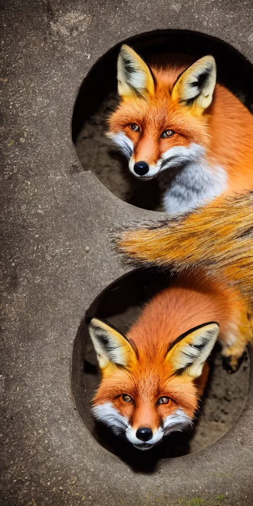 Image similar to a fox is hidden inside a manhole trying to jump out, 4k photography flash