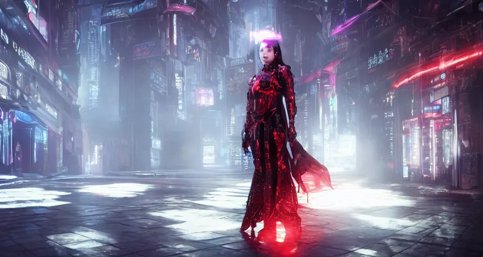 Image similar to a very hot scarlet asian necromancer in cyberpunk-plate-armor, Ultra-HD, doing a summoning futuristic ritual with holograms, Volumetric Lighting, Screen Space Global Illumination, Opaque, Optics, Lumen Reflections, VFX, insanely detailed and intricate, hypermaximalist, elegant, ornate, hyper realistic, super detailed, full body, octane render, unreal engine