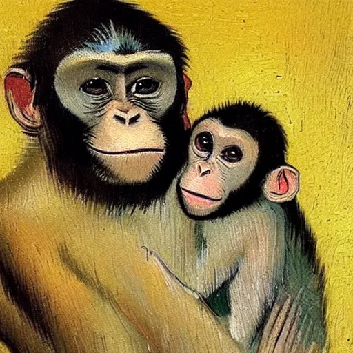 Image similar to a beautiful oil painting of a monkey smiling and hugging a baby human , 8k , award winning , made in 1800's , old , painted by vincent van gogh