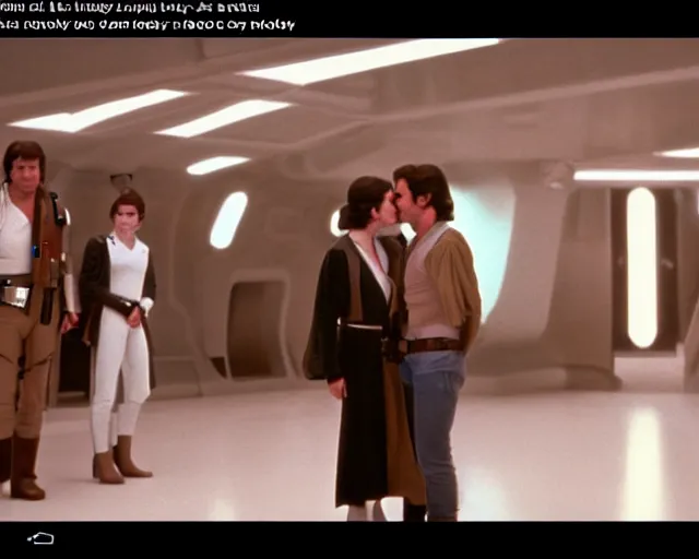 Image similar to screenshot of Han Solo standing next to Princess Leia Organa kiss, alone, pensive, iconic scene from 1970s Star Wars film directed by Stanley Kubrick, in a sci fi nursing home architecture, last jedi, 4k HD sharp, cinematic still frame, photoreal, detailed face, moody lighting, stunning cinematography, anamorphic lenses, kodak color film stock