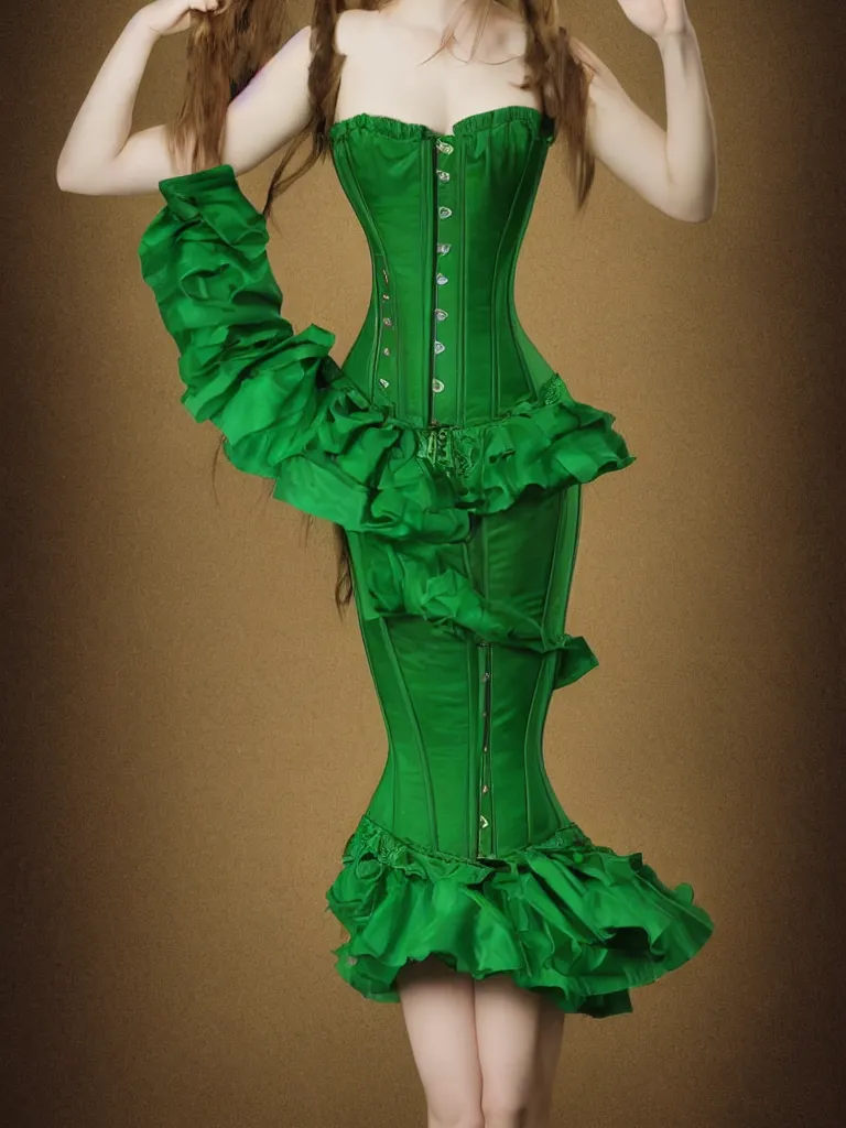 Prompt: short young woman wearing green dress and corset, round glasses, straight medium length brown hair, professional digital art, full body shot