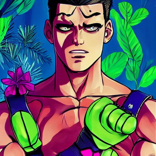 Image similar to handsome boxer, punching, wearing neon boxing outfit, bodybuilder posing, portrait surrounded by hibiscus flowers, jojo cover art, jojo anime style, david production, style of vento aureo cover art, style of stone ocean cover art, style of steel ball run cover art, style of jojolion cover art, ilya kuvshinov style, illustrated by hirohiko araki