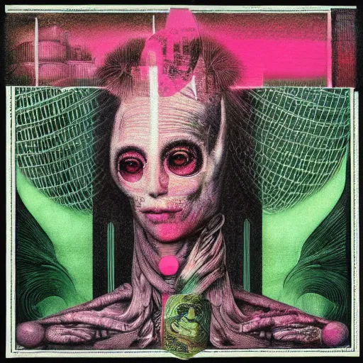 Image similar to post - punk new age album cover, asymmetrical design, frame of a dollar bank notes, capitalism, magic, apocalypse, psychedelic, black white pink, magic, giger h. r., giuseppe arcimboldo