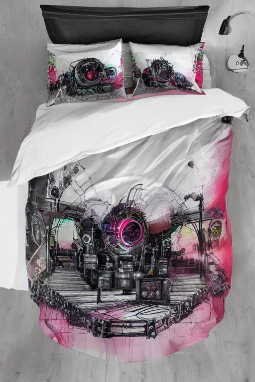 Image similar to photo of of bedlinen in a modern bedroom, band merchandise, bandname is tripmachine, tourname is invasion of the tripmachines, realistic digital art, bedlinen is textured with a 3 d render of a huge futuristic steampunk generator, 8 k, fluorescent colors, halluzinogenic, multicolored, exaggerated detailed, unreal engine