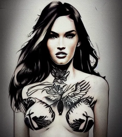 Image similar to double exposure effect tattoo design sketch of megan fox with beautiful mountain scenery, realism tattoo, in the style of matteo pasqualin, amazing detail, sharp