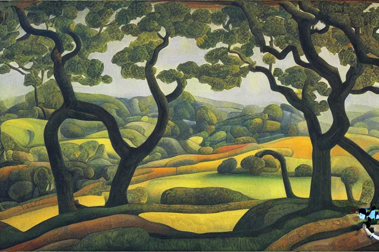 Image similar to masterpiece painting of oak trees on a hillside overlooking a creek, by diego rivera