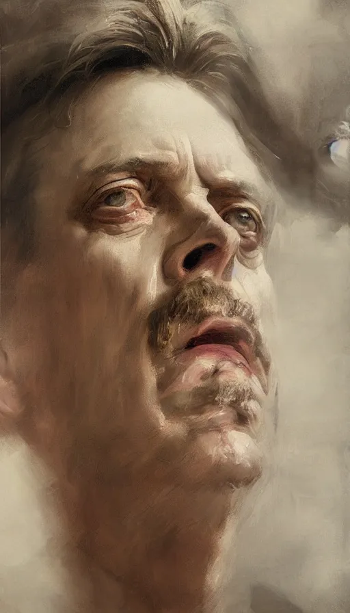 Prompt: an close up oil drawing of roman god emperor steve buscemi, renaissance painting, art by anders zorn, wonderful masterpiece by greg rutkowski, expressive brush strokes, beautiful cinematic light, american romanticism by greg manchess, jessica rossier fantasy art, concept art, official art, hd mod