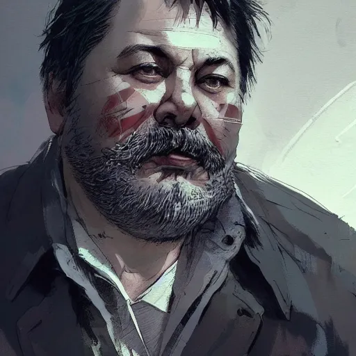 Prompt: portrait of an overweight 55 year old man with short gray hair and a thick, round gray beard, round cheeks, wearing a checkered shirt, dramatic lighting, illustration by Greg rutkowski, yoji shinkawa, 4k, digital art, concept art, trending on artstation