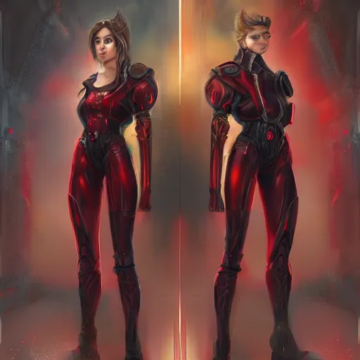 Prompt: adult pair of twins, male and female, arrogant, science fantasy, half portrait, urban background, highly detailed, digital painting, artstation, concept art, sharp focus, smooth, art by artgerm and livia prima and magali villeneuve, elegant red black and gold clothing