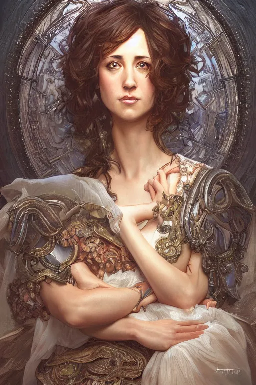 Image similar to ultra realistic illustration, kristen schaal from diablo, intricate, elegant, highly detailed, digital painting, artstation, concept art, smooth, sharp focus, illustration, art by artgerm and greg rutkowski and alphonse mucha