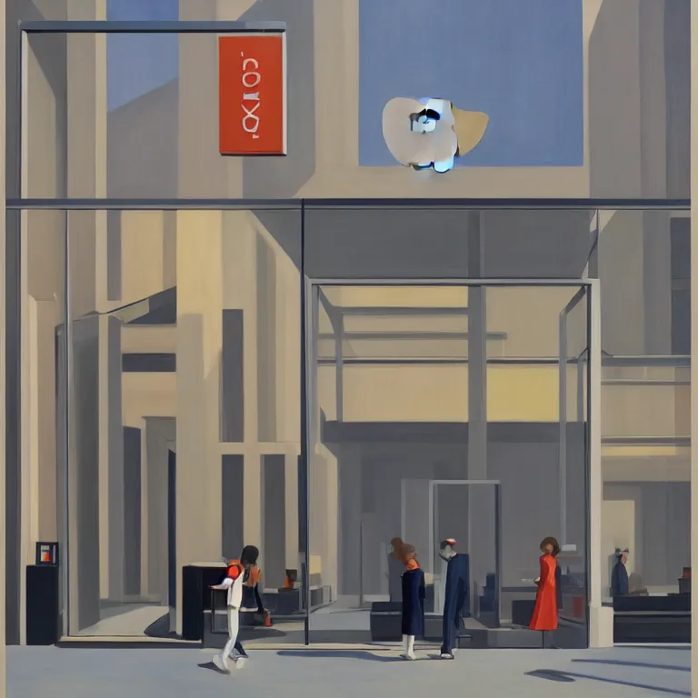 Image similar to inside empty apple store in London, painted by Edward Hopper, painted by James Gilleard, airbrush
