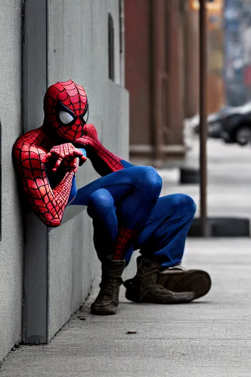 Image similar to cinematic still of spiderman homeless