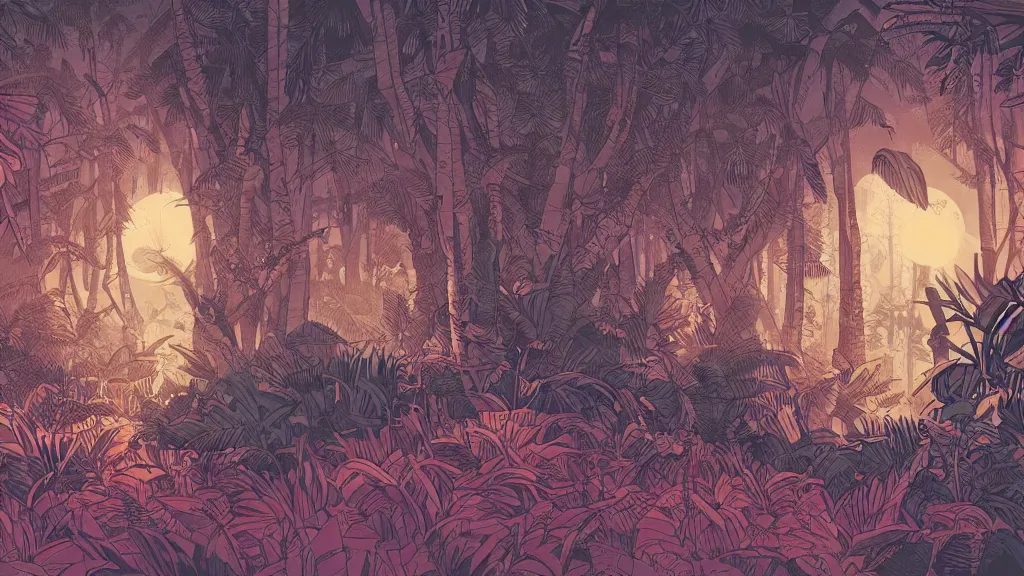 Prompt: very detailed, prophet graphic novel, ilya kuvshinov, mcbess, rutkowski, simon roy, illustration of jungle at night, colorful, deep shadows, astrophotography