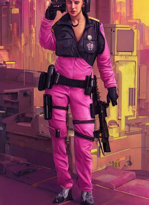 cyberpunk female police trooper wearing pink jumpsuit