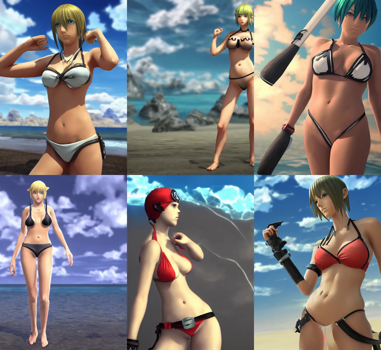 Prompt: Hitler in a bikini, Xenoblade art style, volumetric lighting, conceptual rendering, cloudy, 4k, highly-detailed