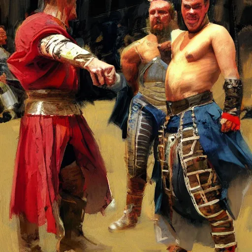 Prompt: portrait of men wearing medieval clothes wrestling, detailed by greg manchess, craig mullins, bernie fuchs, walter everett