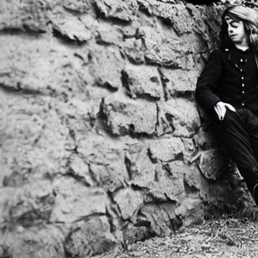 Image similar to Photograph of an utterly terrified young man with long hair on the verge of panic tears cornered against a stone wall. He is wearing a 1930s attire. He looks utterly panicked and distressed.