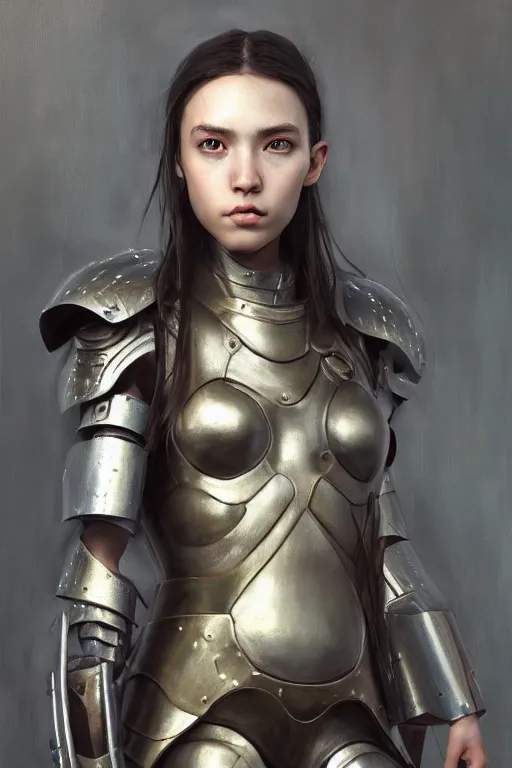 Image similar to a photorealistic painting of an attractive young girl, partially clothed in metal-plated battle armor, olive skin, long dark hair, beautiful bone structure, symmetrical face, perfect eyes, intricate, elegant, digital painting, concept art, illustration, sharp focus, minimal artifacts, from Metal Gear, in the style of Ruan Jia and Mandy Jurgens and Greg Rutkowski, trending on Artstation, award winning