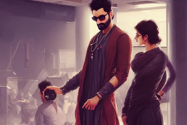 Prompt: Sensual good looking pale young Indian doctors wearing Deus Ex clothing in an airport, portrait, elegant, intricate, digital painting, artstation, concept art, smooth, sharp focus, illustration, art by artgerm and greg rutkowski and alphonse mucha