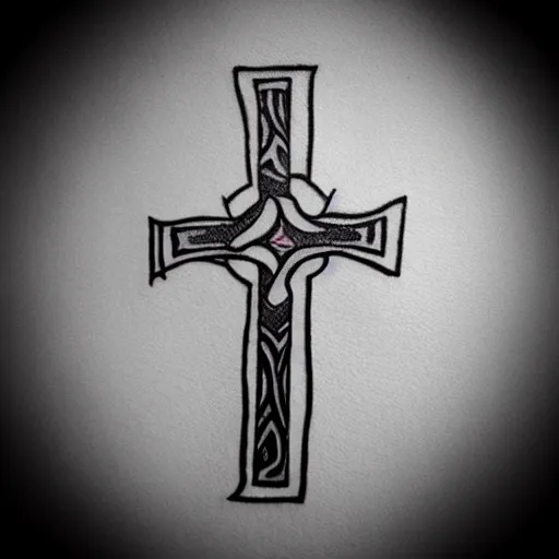 Prompt: tattoo design of a tribal cross with the words jesus freak printed