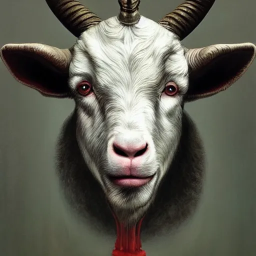 Prompt: vladimir putin, anthropomorphic goat with putin face, hybrid, macabre, horror, by donato giancola and greg rutkowski and wayne barlow and zdzisław beksinski, digital art