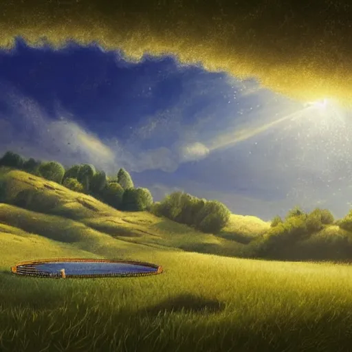 Image similar to a beautiful field landscape illustration of a big town with a heavenly by a pool surrounded by rolling hills, during spring, with a few clouds by chase stone, pat oliphant, featured on behance, featured on artstation, featured on illustrationx, featured on conceptartworld, concept art, barometric projection, f 1 6