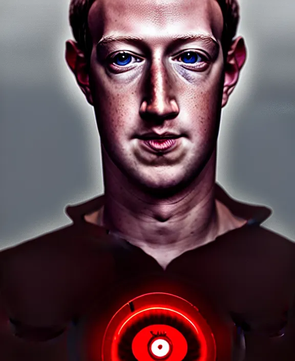 Image similar to Mark Zuckerberg with a glowing red steampunk eye implant by Steohan Martiniere and Moebius, 4k resolution, detailed