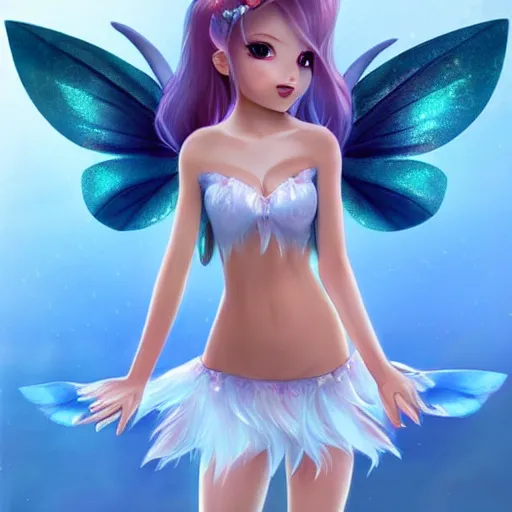 Image similar to very very very beautiful fairy princess with fairy wings, bare midriff, one foot raised off the ground, full body portrait, eye contact, smiling, flirty, perfect face, perfect body, drawn by artgerm