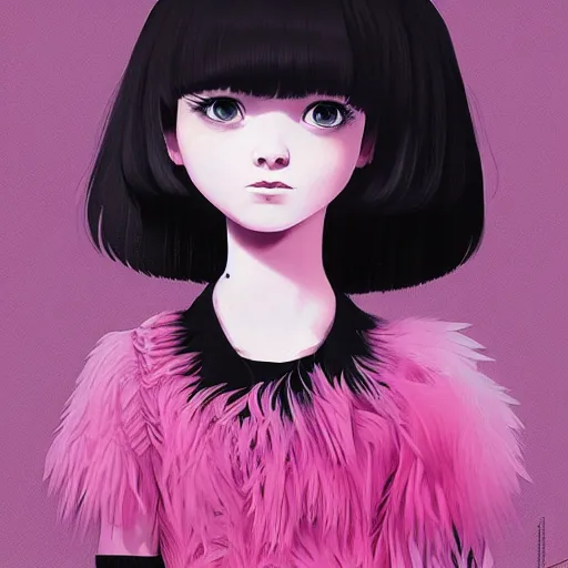 Image similar to little girl with an pink bizarre haircut wearing an dress made of black feathers, artwork made by ilya kuvshinov