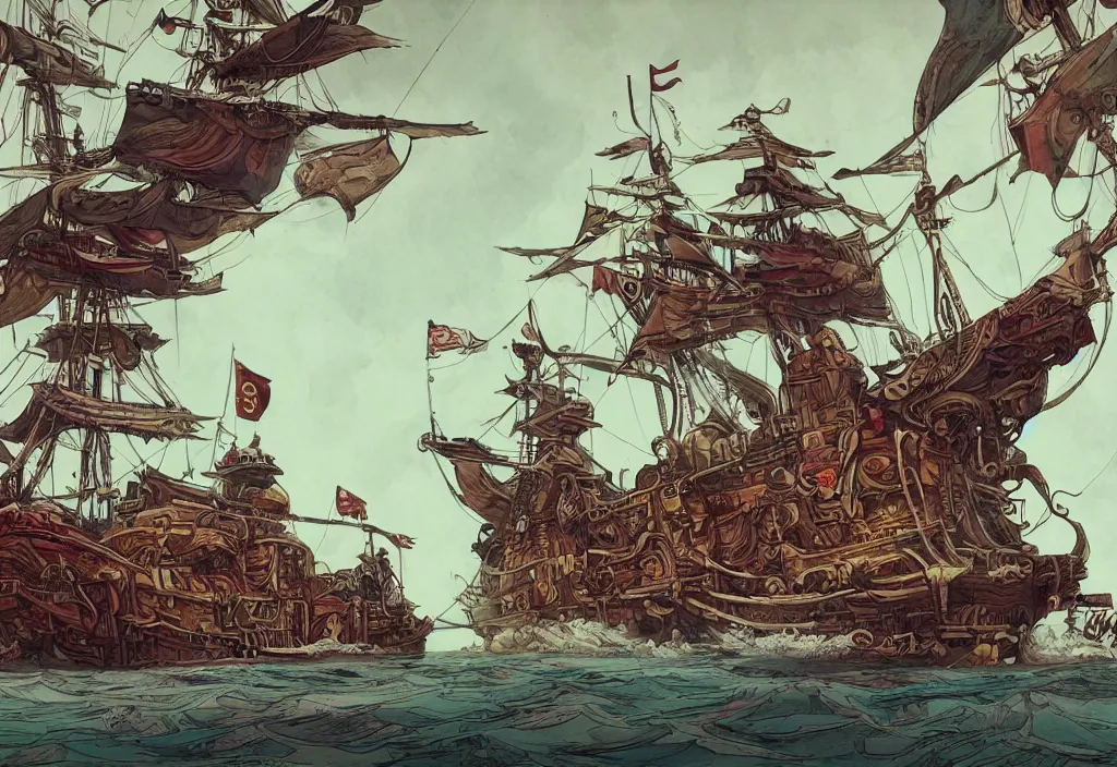 Image similar to handmade illustration of a cartoonish pirate ship, line art, ink, watercolor by Kilian Eng and by Jake Parker, winning-award masterpiece, fantastic, octane render, 8K HD Resolution, High quality image