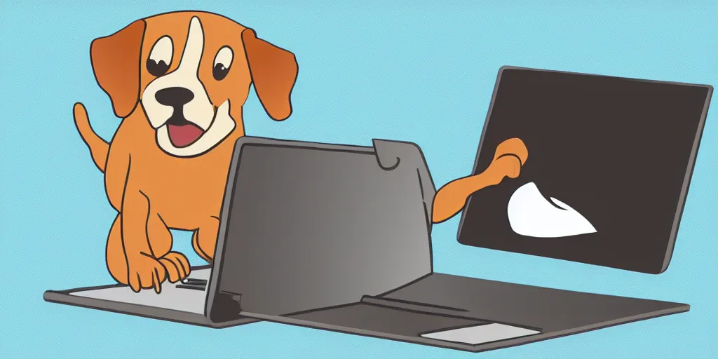 Prompt: cartoon illustration of a dog with its hind leg raised over a laptop computer