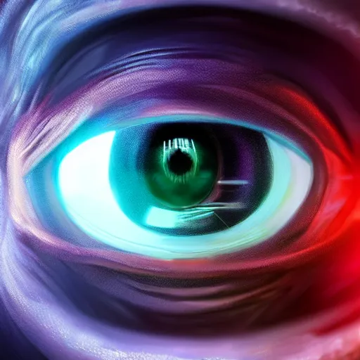 Image similar to Cybernetic Eye with reflections, Close up, colorful, fantasy, vivid colors, concept art, sharp focus, digital art, Hyper-realistic, 4K, Unreal Engine, Highly Detailed, HD, Dramatic Lighting by Brom, trending on Artstation