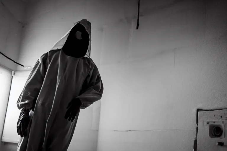 Prompt: a cinematic portrait of a prisoner dressed in a a black and white hazmat suit in a small prison cell, dust storm, annie leibovitz and zack snyder, 8 k, hd, high resolution, 8 5 mm, f / 1. 8