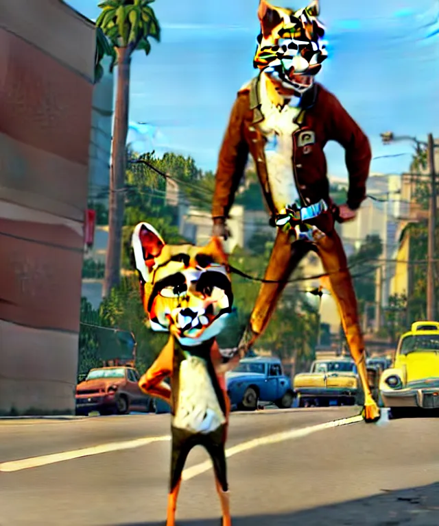 Image similar to Grand Theft Auto: San Andreas loading screen featuring Nick Wilde (from Zootopia)