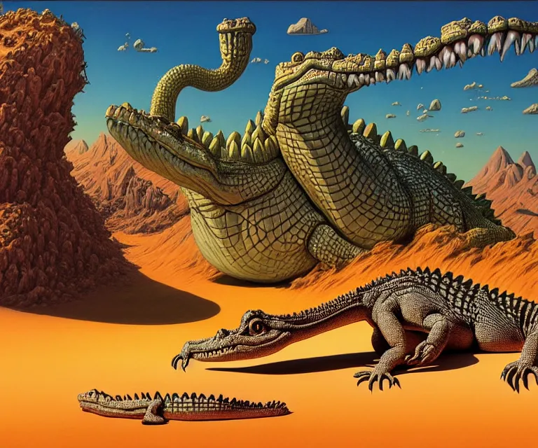 Image similar to hyper detailed 3d render like a Oil painting - a cartoon crocodile in a desert, by Jacek Yerka, Mariusz Lewandowski, Houdini algorithmic generative render, Abstract brush strokes, Masterpiece, Edward Hopper and James Gilleard, Zdzislaw Beksinski, Mark Ryden, Wolfgang Lettl, hints of Yayoi Kasuma, octane render, 8k