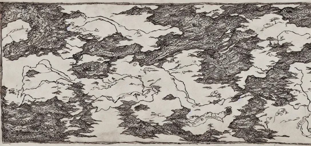 Image similar to fantasy map of an ancient land drawn in ink on old parchment in the style of JRR Tolkien and Brian Froud