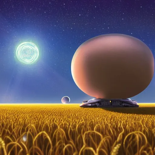 Prompt: A spaceship looking like a human heart floating over a wheat field, starry night, by Makoto Shinkai and thomas kinkade, digital painting, Matte painting, trending on artstation and unreal engine