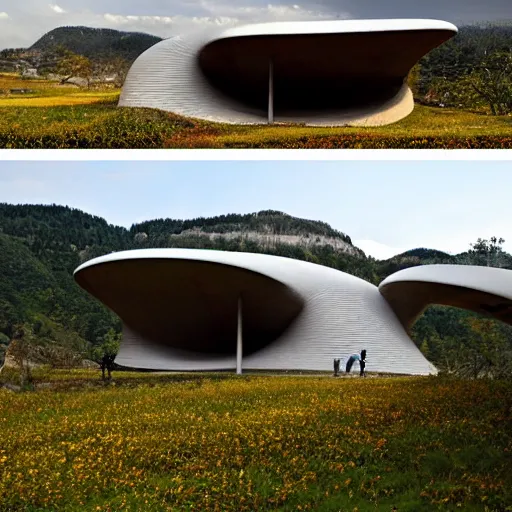 Image similar to a building in a stunning landscape by toyo ito