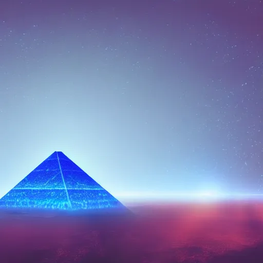 Prompt: big pyramid with blue glow lights and huge spaceship in sky, fog in background, realistic, 2 0 mm cinematic looking, drama, scary