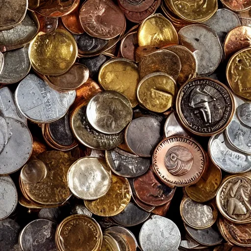 Prompt: An enormous treasure trove filled with a hoard of coins in gold, silver and copper, wide shot, ultra-high definition, 4K, museum quality photo