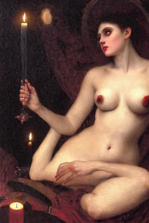 Image similar to a renaissance oil painting by alma tadema of demonic beautiful vampire woman mistress of death mourning widow in cosmos, cloudy nebula background, faint smile dark lipstick, hair bun, dark lit candles, colourful pastel trending artstation, detailed portrait academic bouguereau caravaggio high shadow contrast medium shot, rococo frame